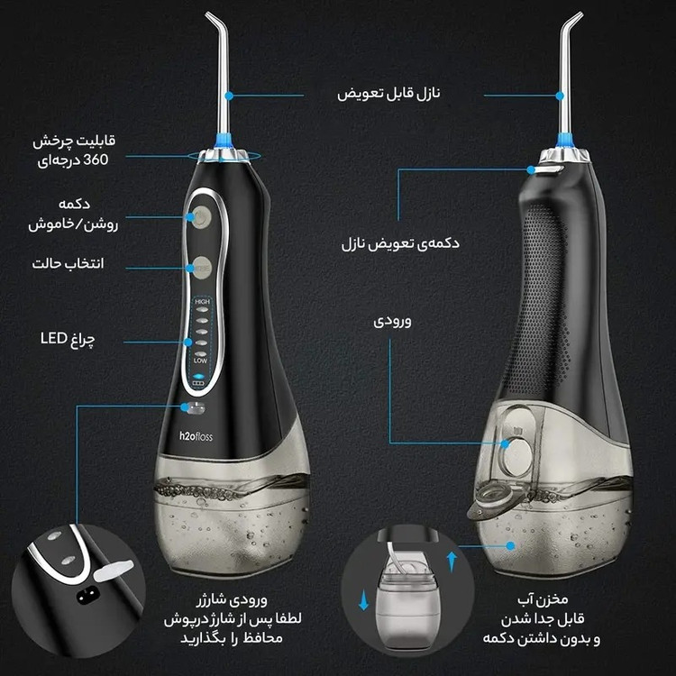 واترجت دهان و دندان h2floss مدل HF-6 Black | اورجینال، استاندارد پزشکی، خرید مطمئن + 2 سری رایگان